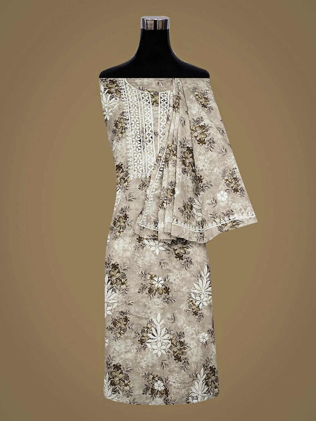 Ada Hand Embroidered Floral Printed Grey Cotton Lucknowi Chikankari Unstitched Kurta Dupatta Set 01A898150
