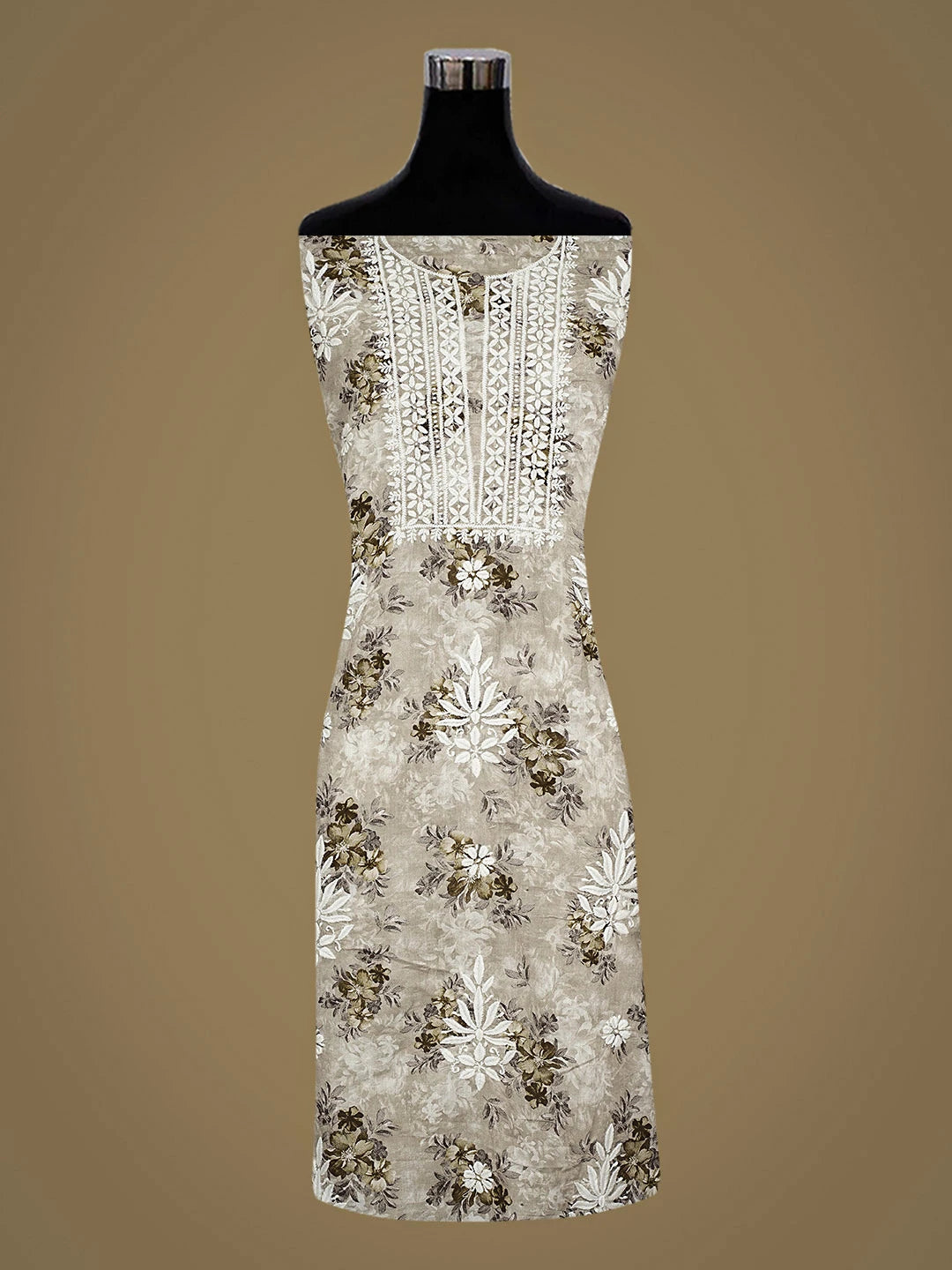 Ada Hand Embroidered Floral Printed Grey Cotton Lucknowi Chikankari Unstitched Kurta Dupatta Set 01A898150