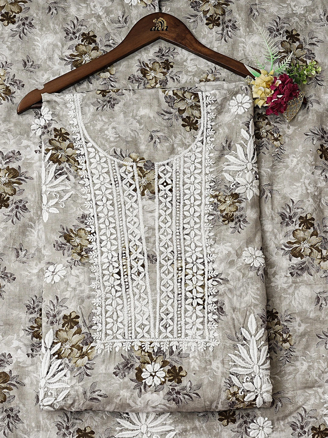 Ada Hand Embroidered Floral Printed Grey Cotton Lucknowi Chikankari Unstitched Kurta Dupatta Set 01A898150