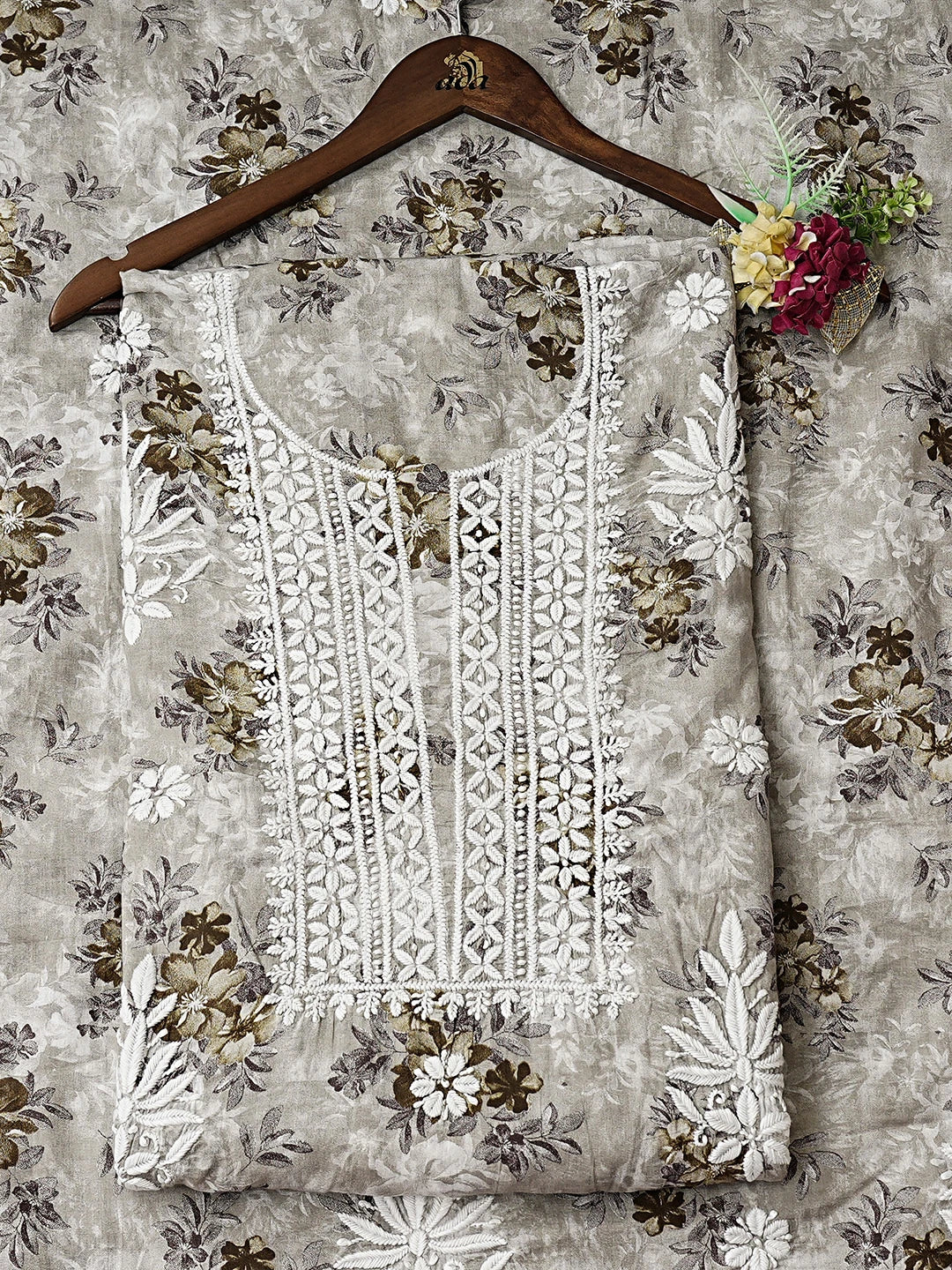 Ada Hand Embroidered Floral Printed Grey Cotton Lucknowi Chikankari Unstitched Kurta Dupatta Set 01A898150