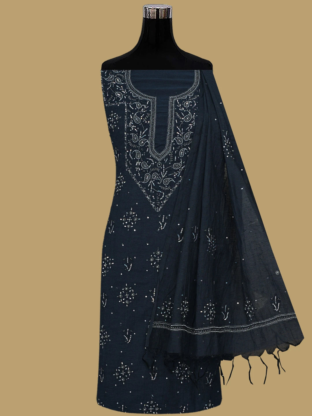 Ada Hand Embroidered Black Chanderi Lucknowi Chikankari Unstitched Suit Piece With Sequinned Work 01A489059