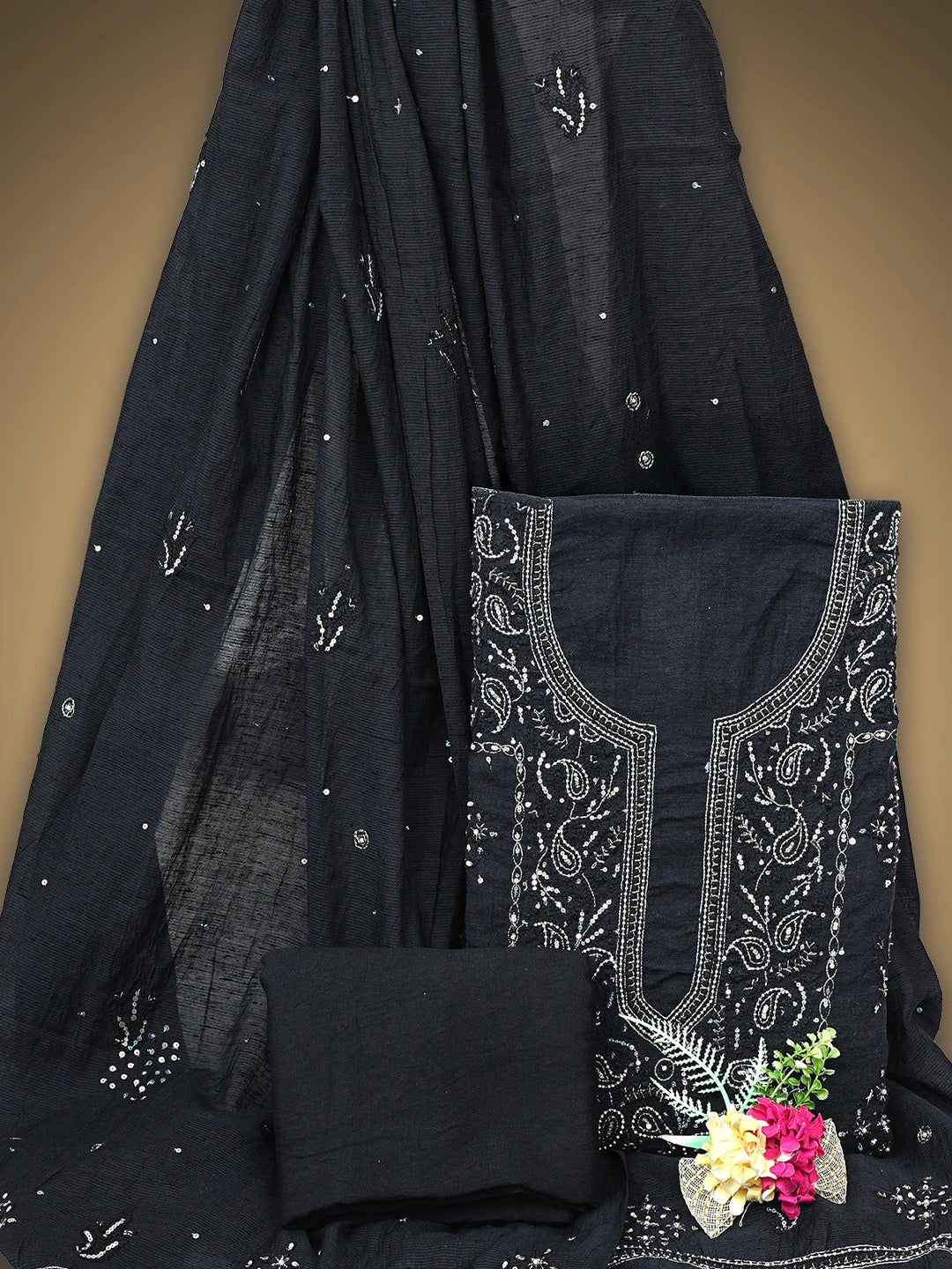 Ada Hand Embroidered Black Chanderi Lucknowi Chikankari Unstitched Suit Piece With Sequinned Work 01A489059