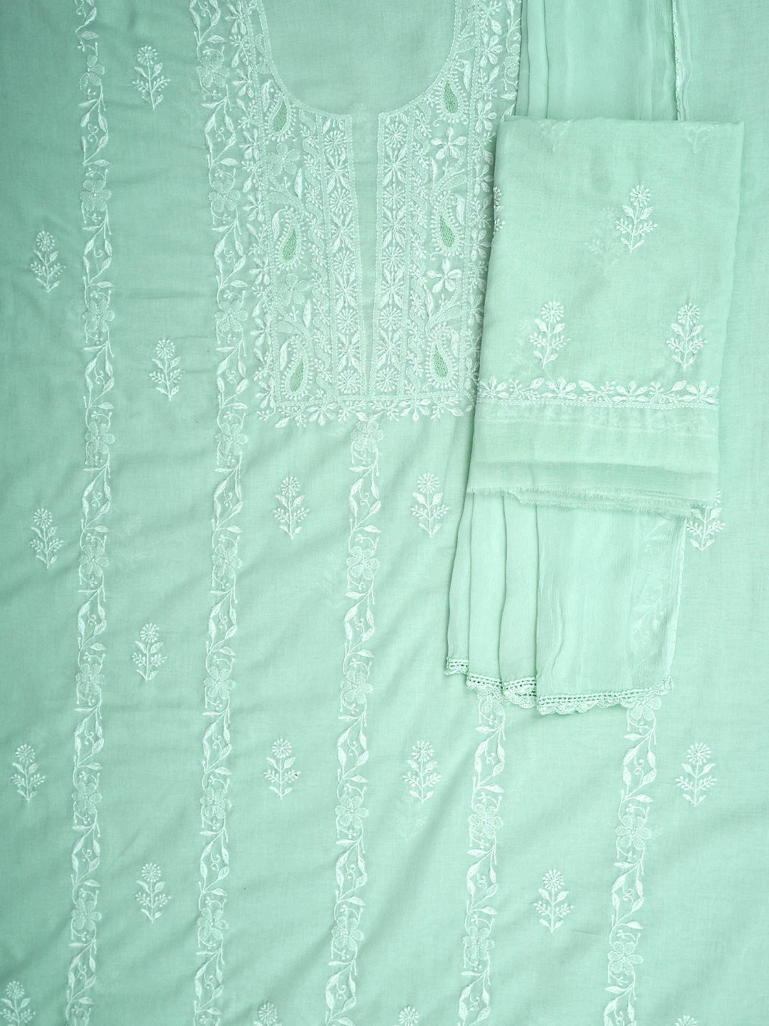 Ada Hand Embroidered Celadon Green Cotton Lucknowi Chikankari Unstitched Suit Piece 01A773770