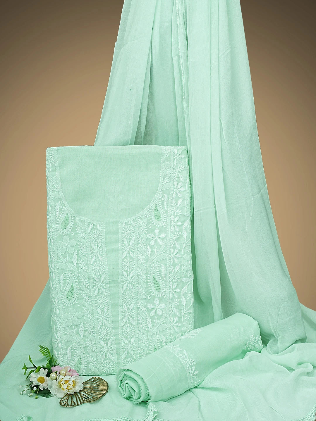 Ada Hand Embroidered Celadon Green Cotton Lucknowi Chikankari Unstitched Suit Piece 01A773770