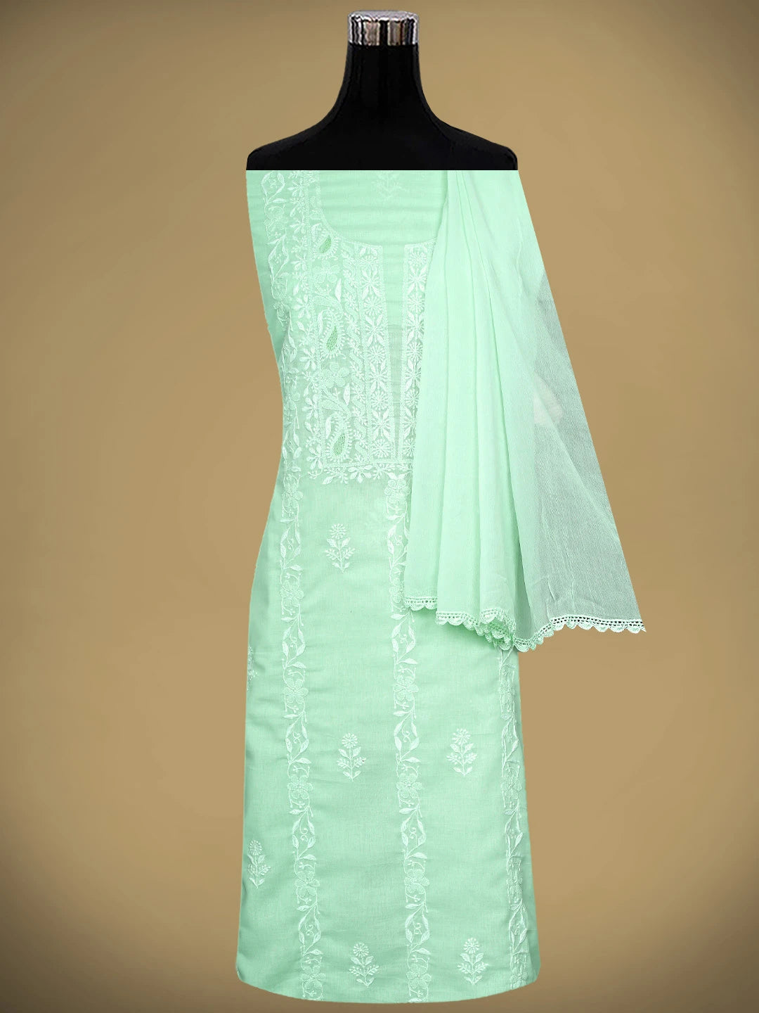 Ada Hand Embroidered Celadon Green Cotton Lucknowi Chikankari Unstitched Suit Piece 01A773770