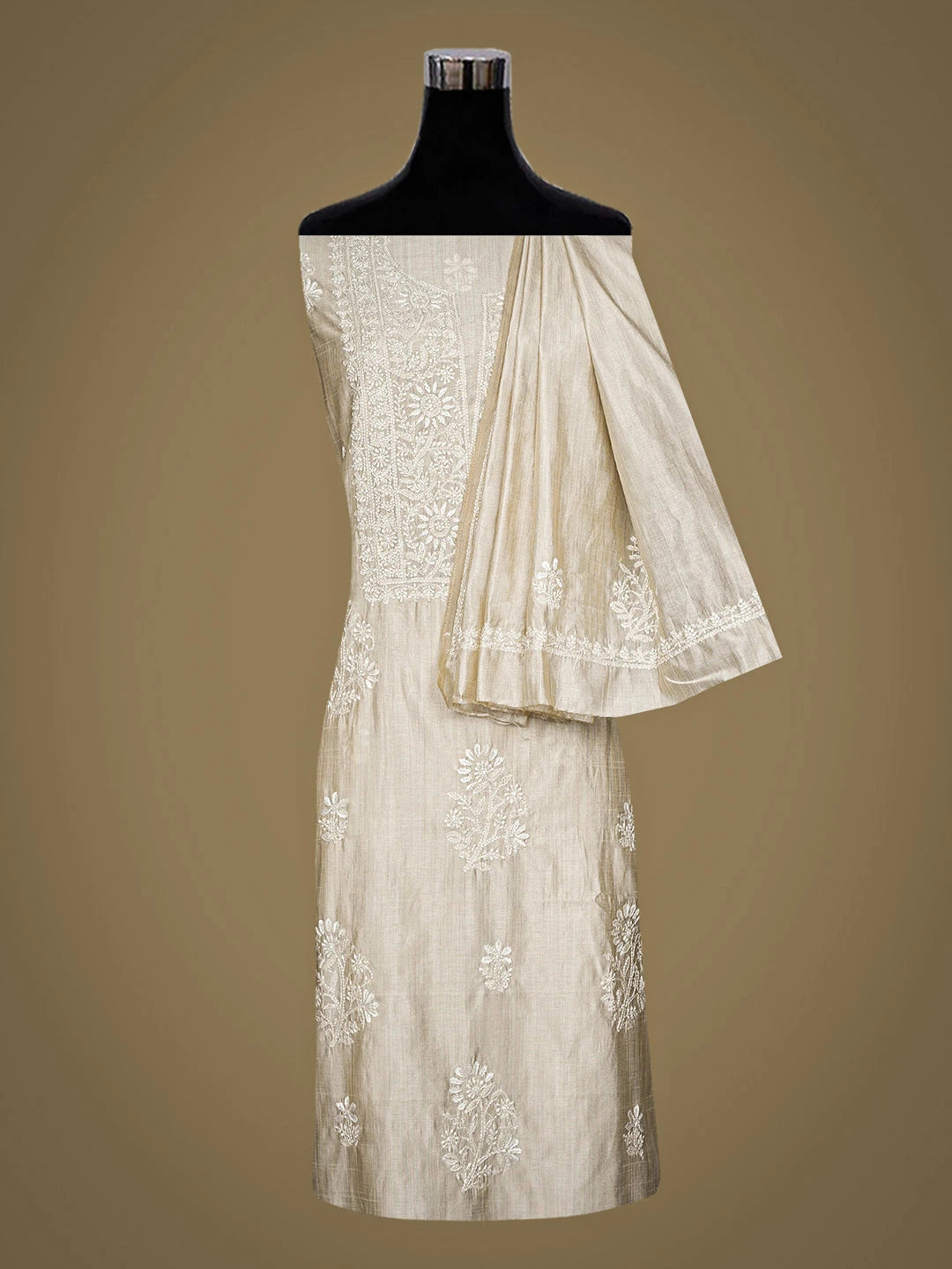 Ada Hand Embroidered Fawn Silk Lucknowi Chikankari Unstitched Kurta Dupatta Set 01A915568