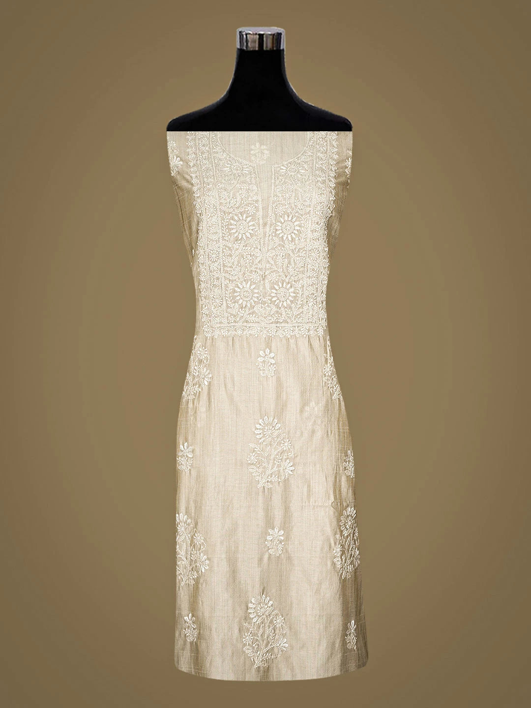 Ada Hand Embroidered Fawn Silk Lucknowi Chikankari Unstitched Kurta Dupatta Set 01A915568