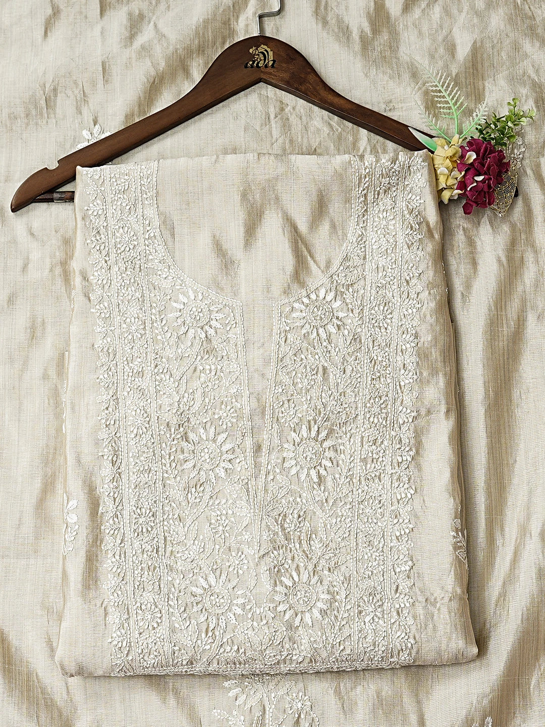Ada Hand Embroidered Fawn Silk Lucknowi Chikankari Unstitched Kurta Dupatta Set 01A915568