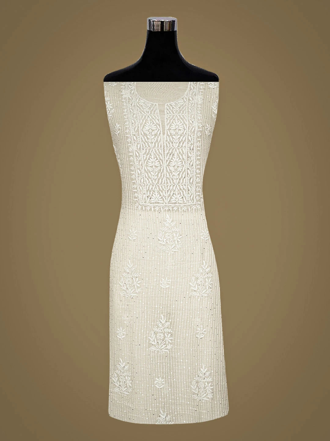 Ada Hand Embroidered White Chanderi Lucknowi Chikankari Unstitched Kurta Dupatta Set With Sequinned Work 01A762794