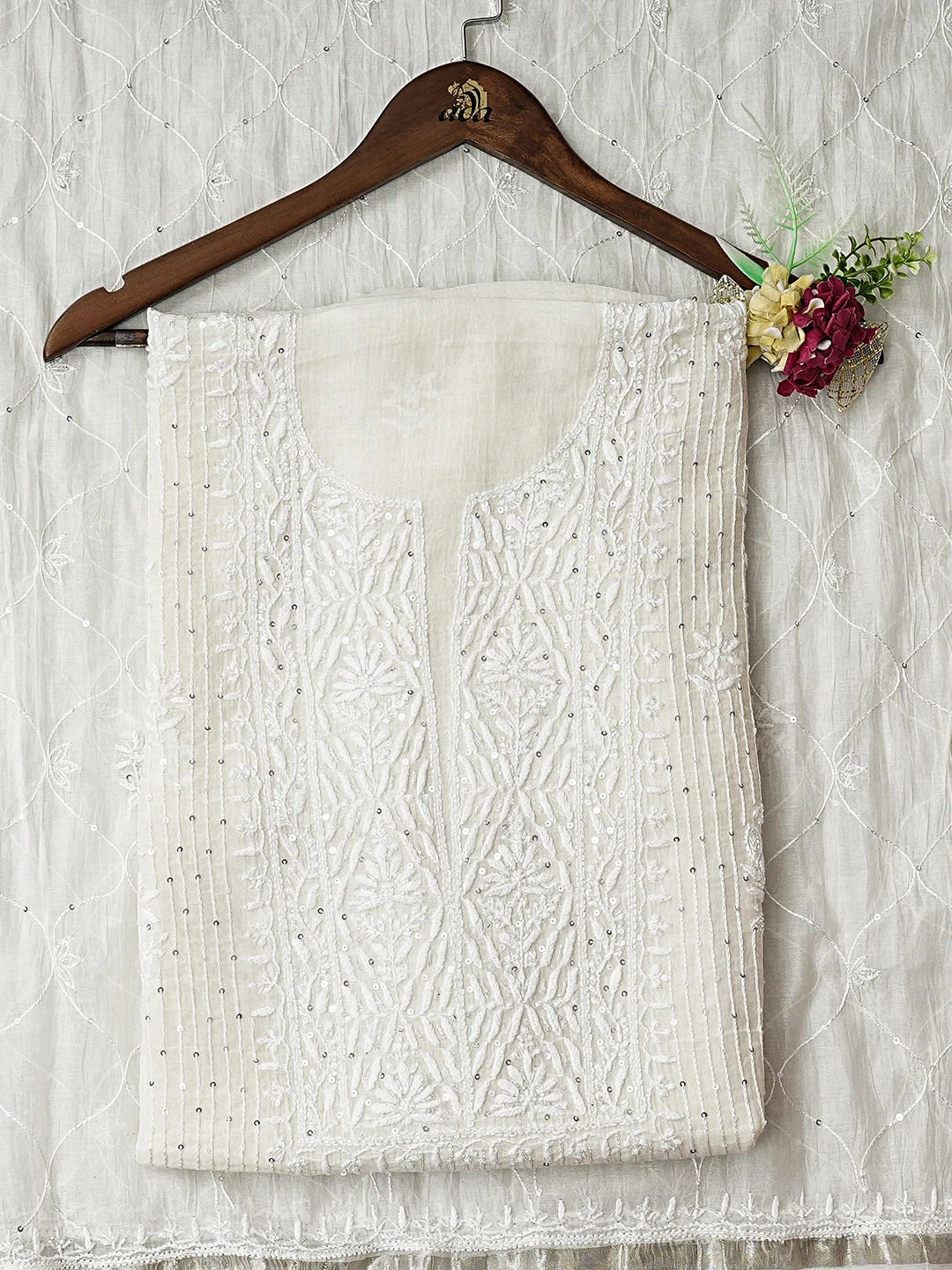 Ada Hand Embroidered White Chanderi Lucknowi Chikankari Unstitched Kurta Dupatta Set With Sequinned Work 01A762794
