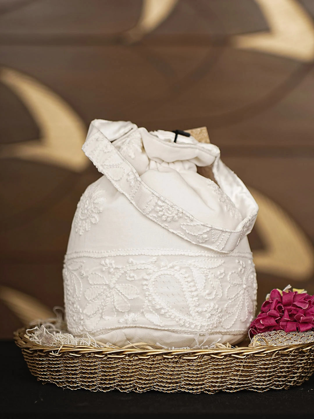 Ada Hand Embroidered White Pure Georgette Lucknowi Chikankari Potli Bag 01A916368
