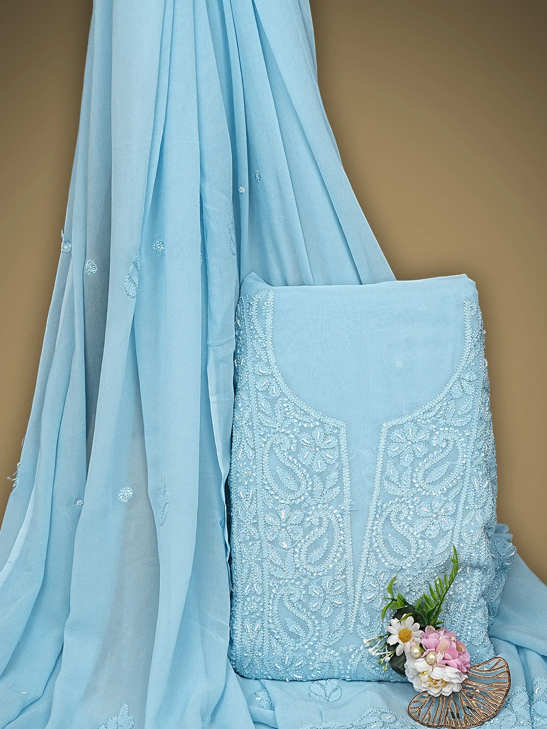 Ada Hand Embroidered Baby Blue Viscose Georgette Lucknowi Chikankari Unstitched Kurta Dupatta Set With Cutdana Work 01A933600