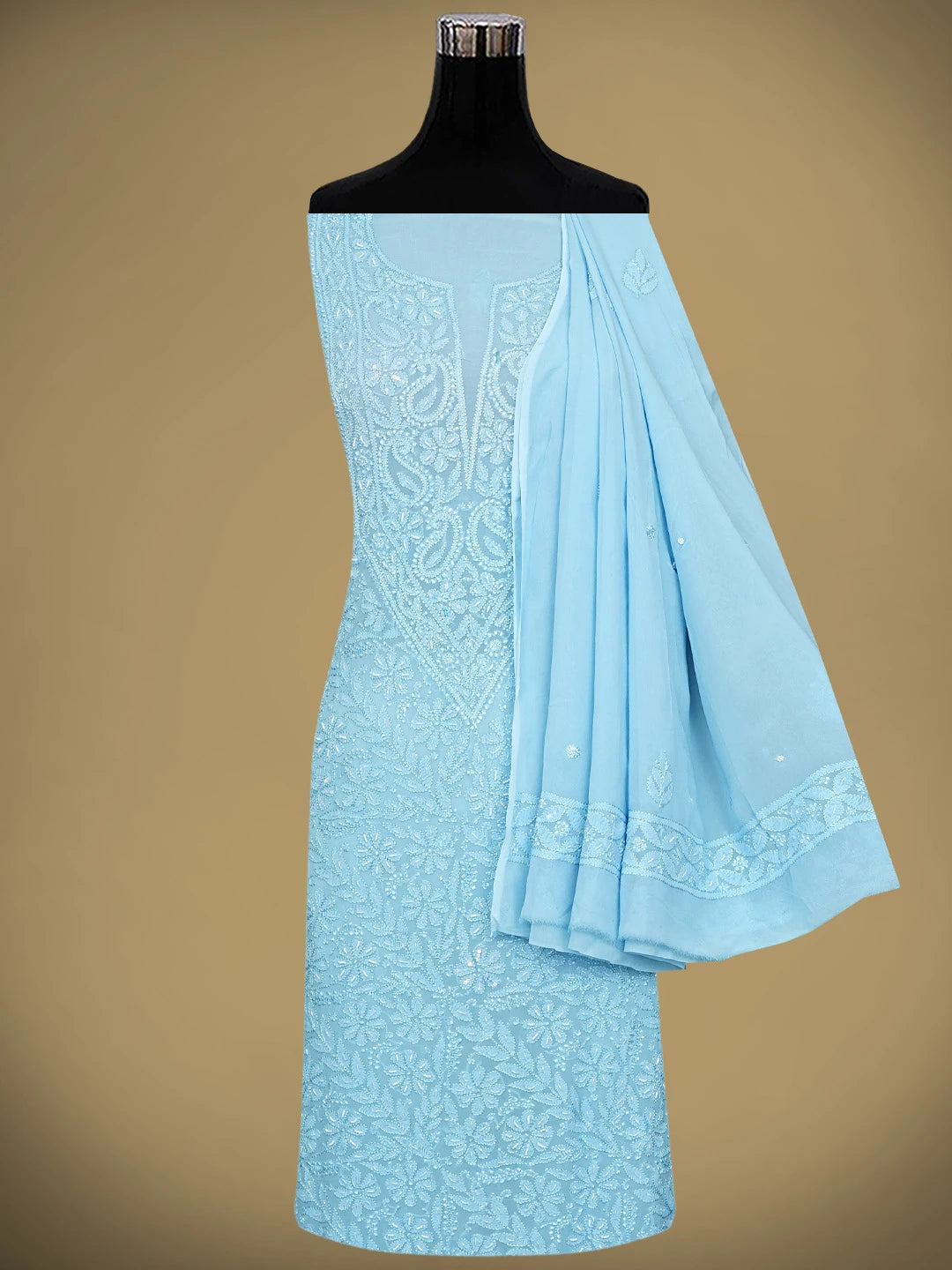 Ada Hand Embroidered Baby Blue Viscose Georgette Lucknowi Chikankari Unstitched Kurta Dupatta Set With Cutdana Work 01A933600