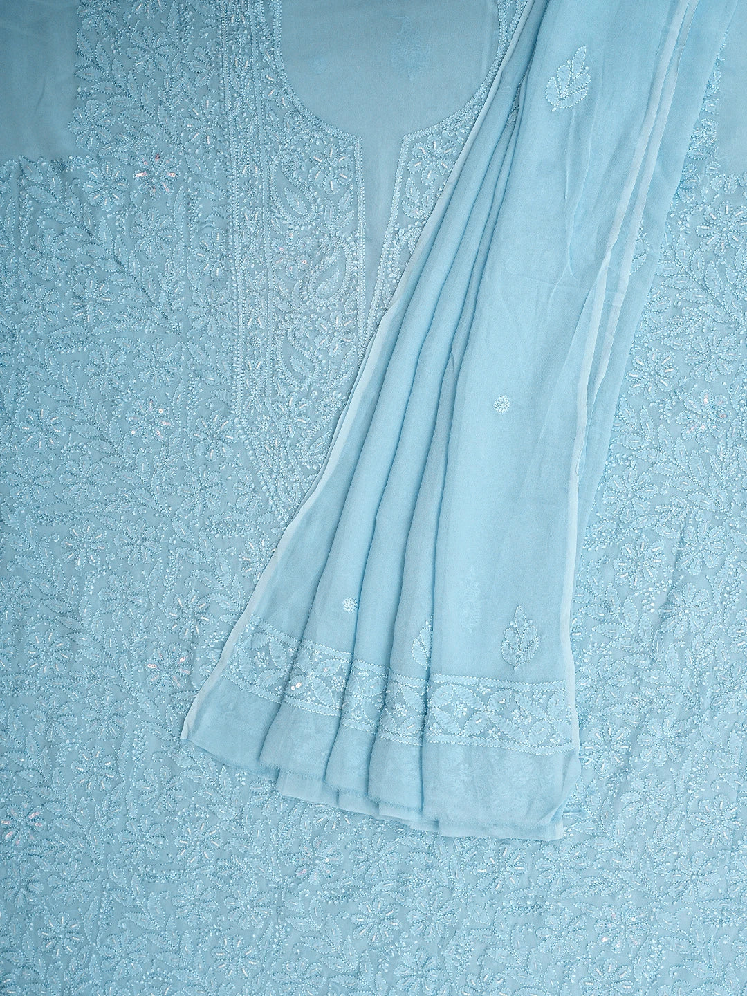 Ada Hand Embroidered Baby Blue Viscose Georgette Lucknowi Chikankari Unstitched Kurta Dupatta Set With Cutdana Work 01A933600