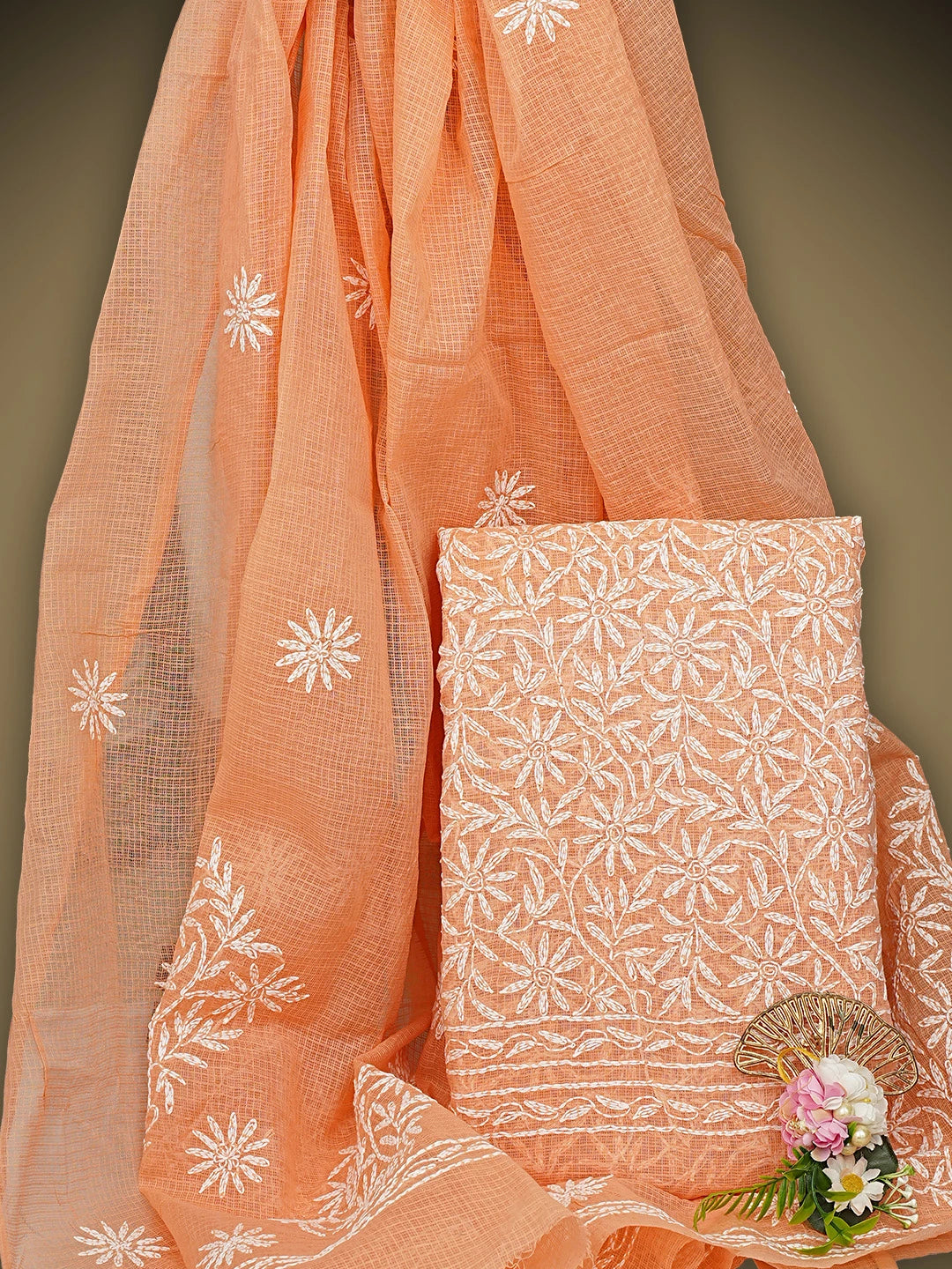 Ada Hand Embroidered Peach Kota Lucknowi Chikankari Unstitched Kurta Dupatta Set 01A870635
