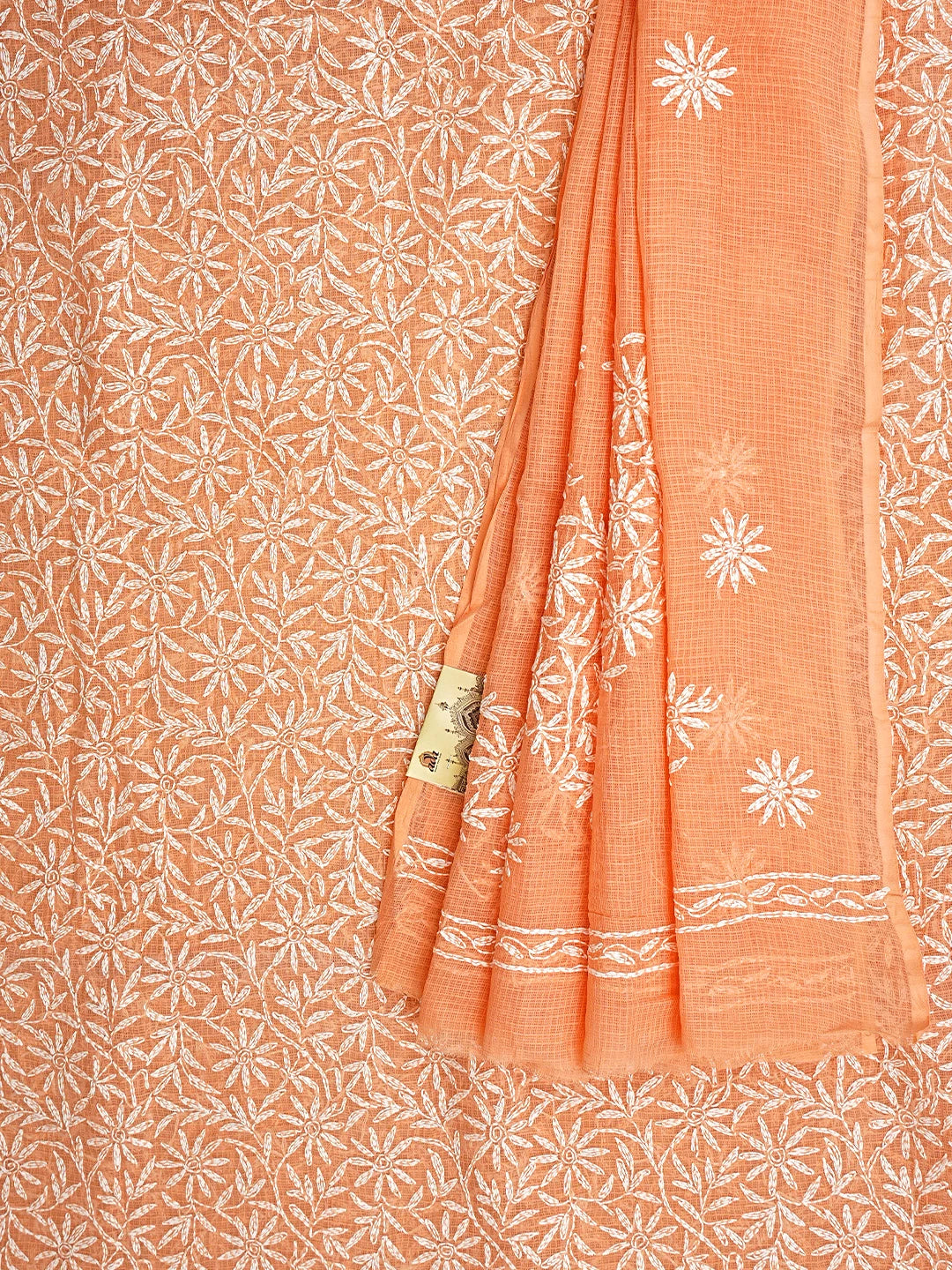 Ada Hand Embroidered Peach Kota Lucknowi Chikankari Unstitched Kurta Dupatta Set 01A870635