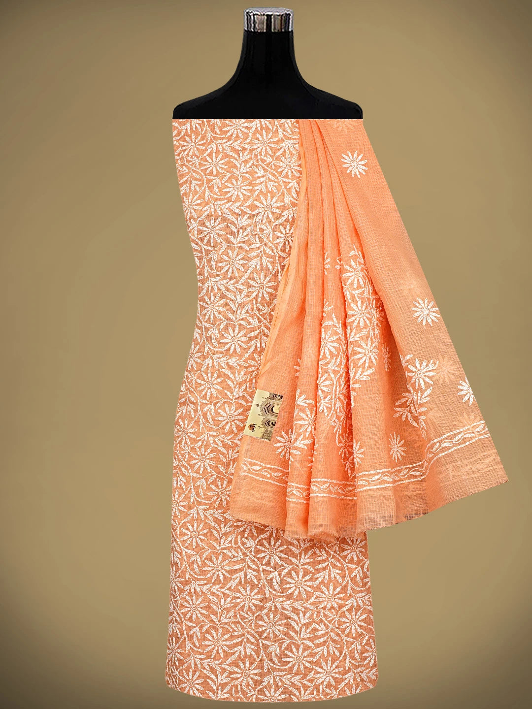 Ada Hand Embroidered Peach Kota Lucknowi Chikankari Unstitched Kurta Dupatta Set 01A870635