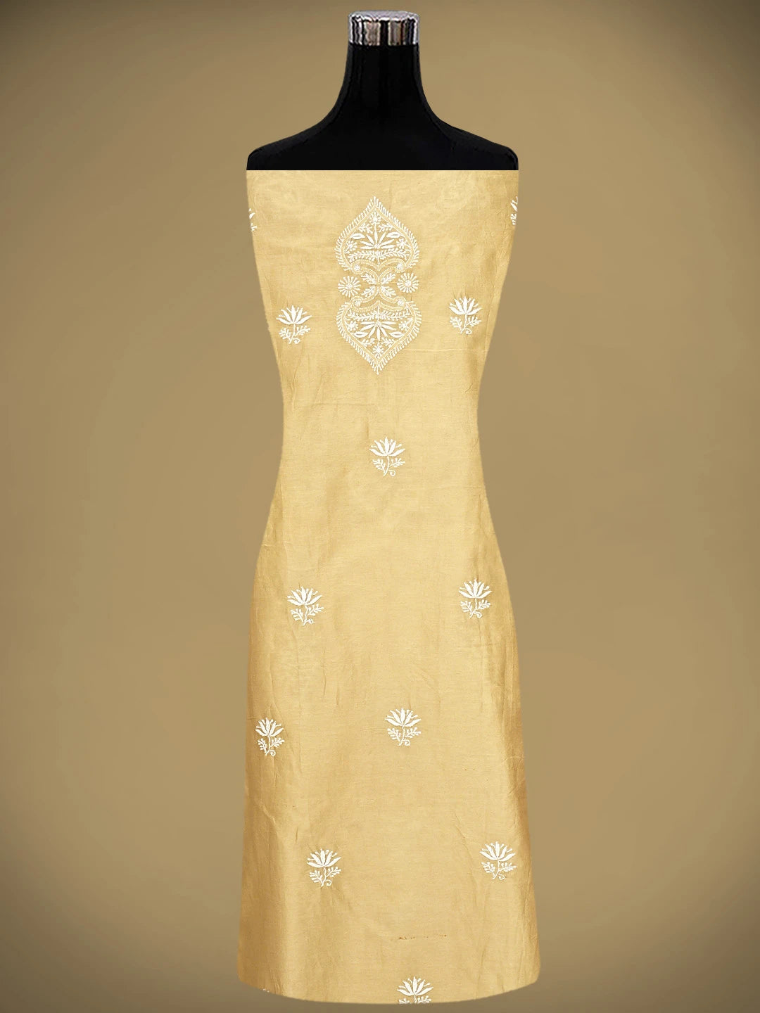 Ada Hand Embroidered Fawn Chanderi Lucknowi Chikankari Unstitched Kurta Dupatta Set 01A805771