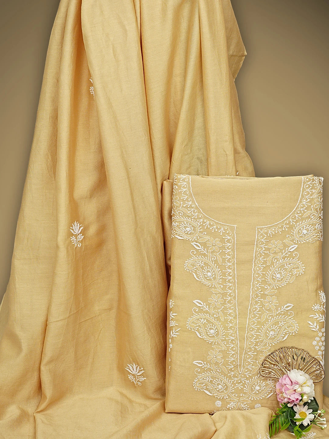 Ada Hand Embroidered Fawn Chanderi Lucknowi Chikankari Unstitched Kurta Dupatta Set 01A805771