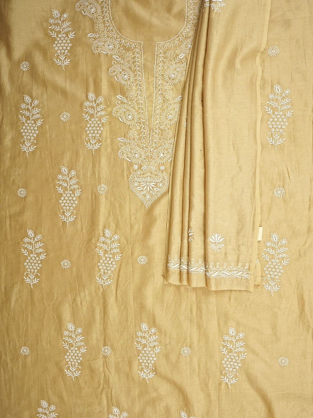 Ada Hand Embroidered Fawn Chanderi Lucknowi Chikankari Unstitched Kurta Dupatta Set 01A805771