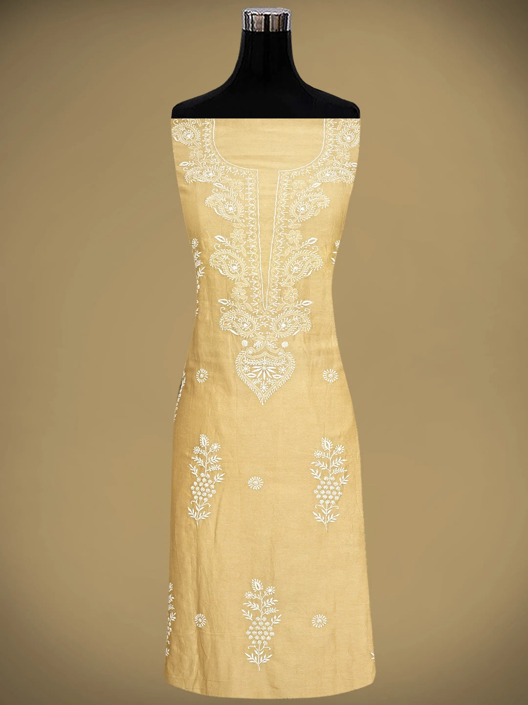 Ada Hand Embroidered Fawn Chanderi Lucknowi Chikankari Unstitched Kurta Dupatta Set 01A805771