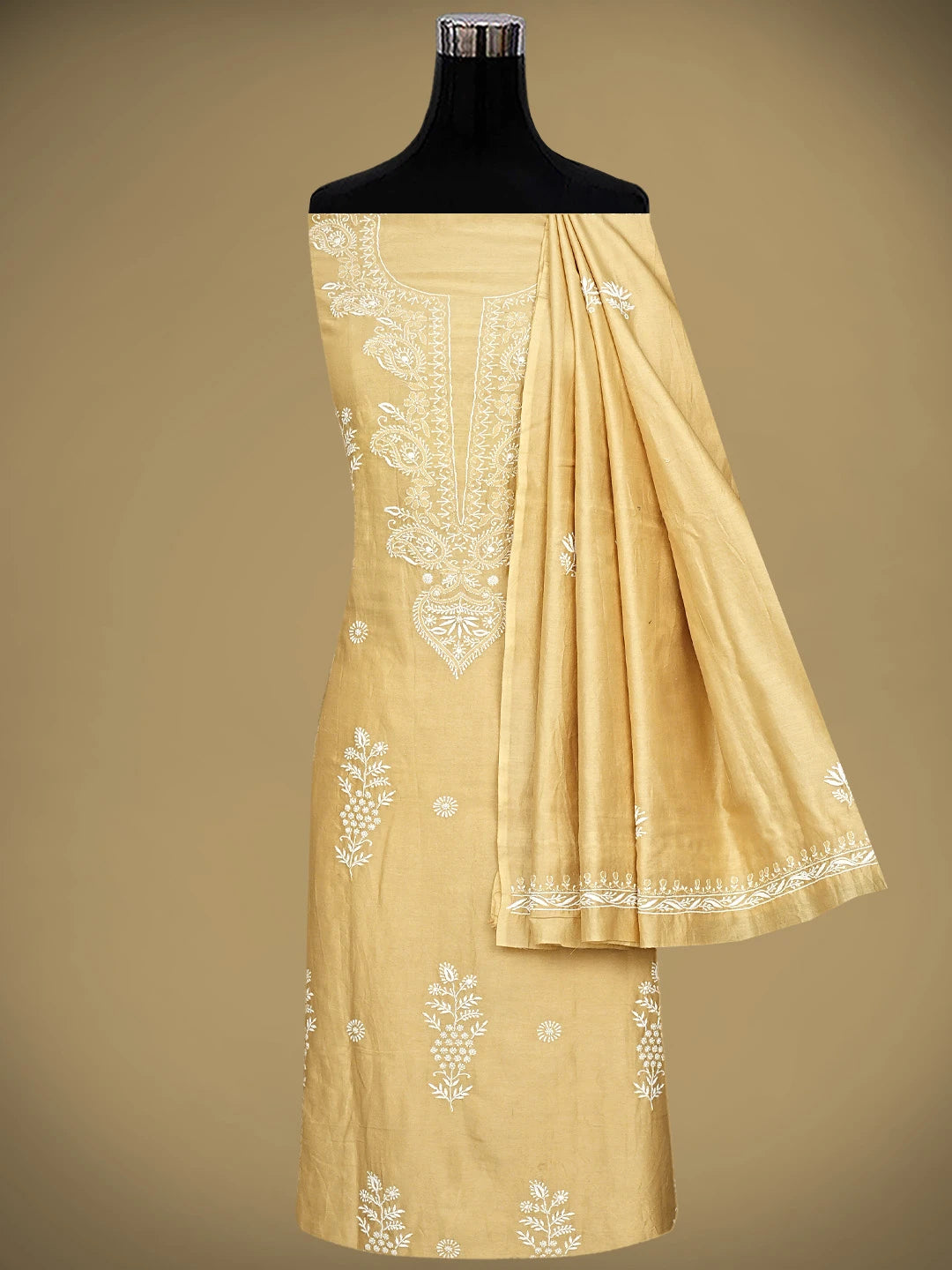 Ada Hand Embroidered Fawn Chanderi Lucknowi Chikankari Unstitched Kurta Dupatta Set 01A805771