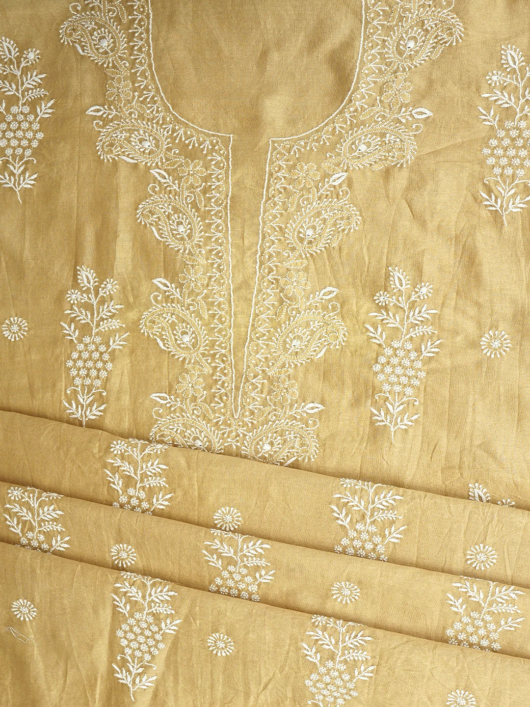 Ada Hand Embroidered Fawn Chanderi Lucknowi Chikankari Unstitched Kurta Dupatta Set 01A805771