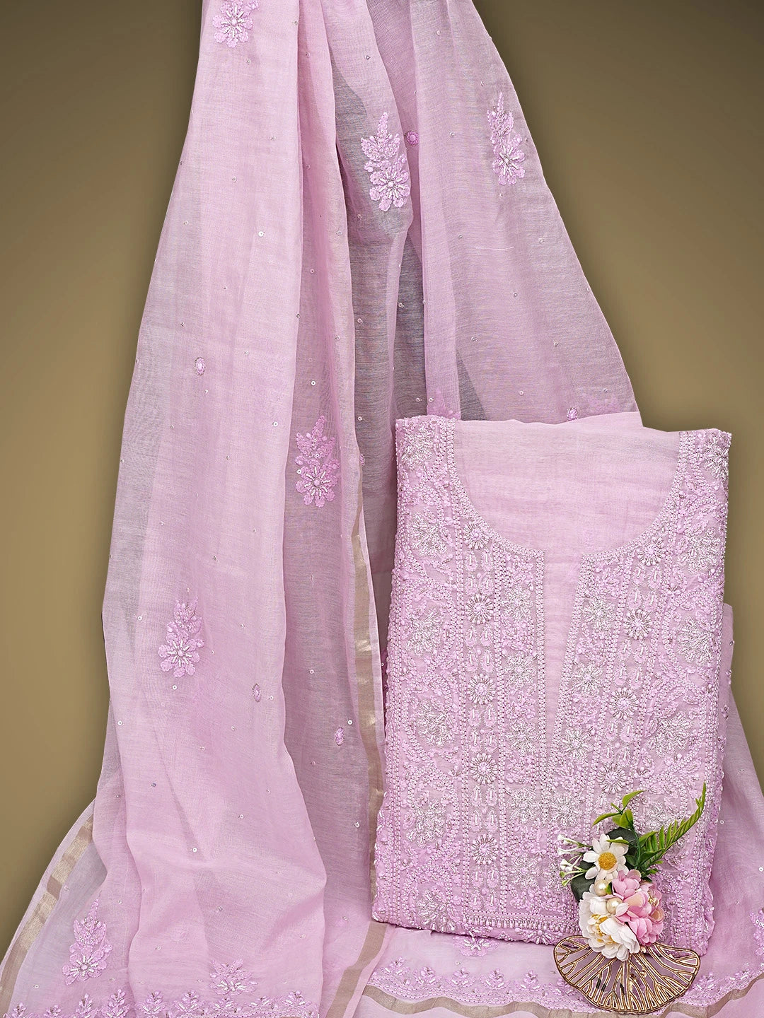 Ada Hand Embroidered Pink Chanderi Lucknowi Chikankari Unstitched Kurta Dupatta Set With Pearl Work 01A890056