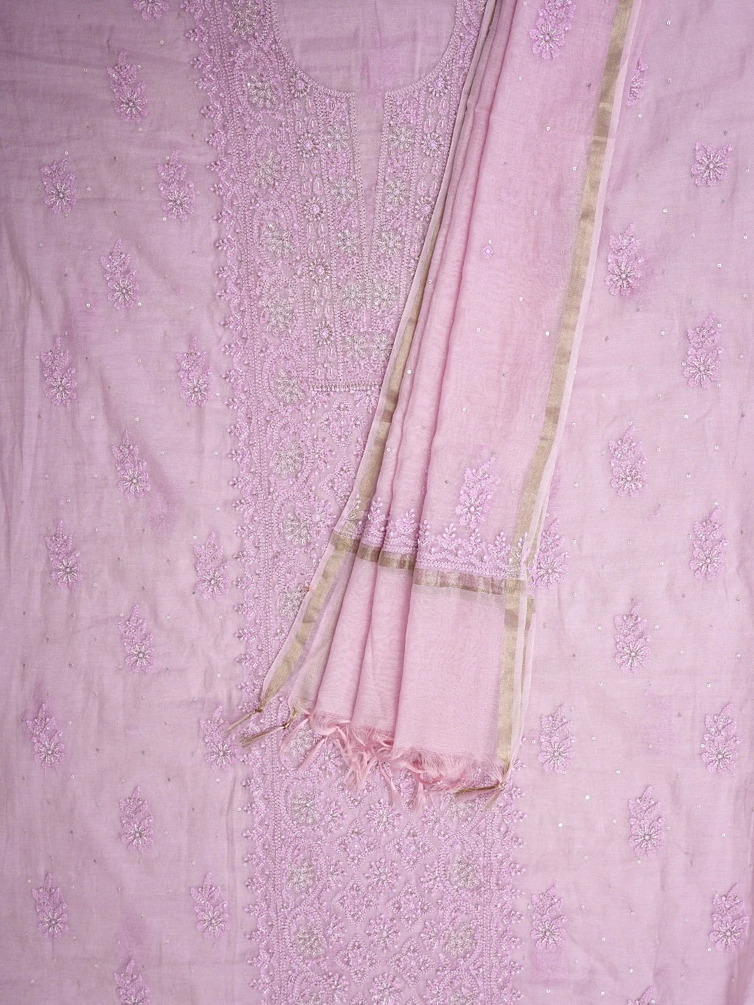 Ada Hand Embroidered Pink Chanderi Lucknowi Chikankari Unstitched Kurta Dupatta Set With Pearl Work 01A890056