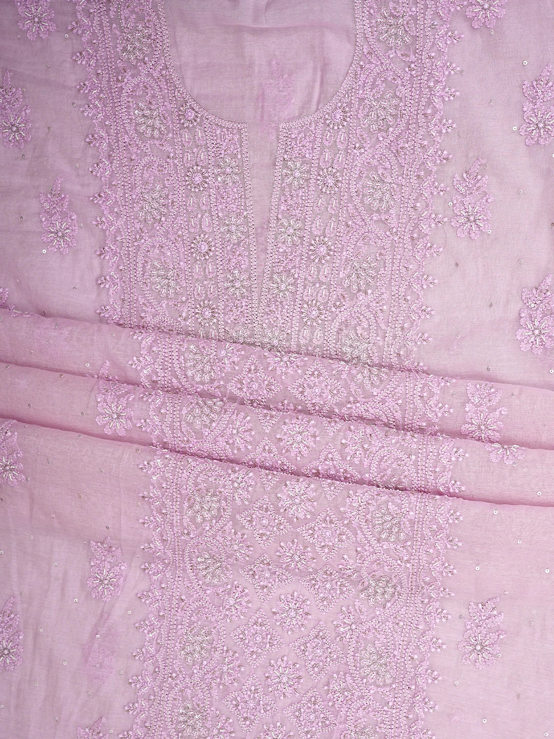 Ada Hand Embroidered Pink Chanderi Lucknowi Chikankari Unstitched Kurta Dupatta Set With Pearl Work 01A890056