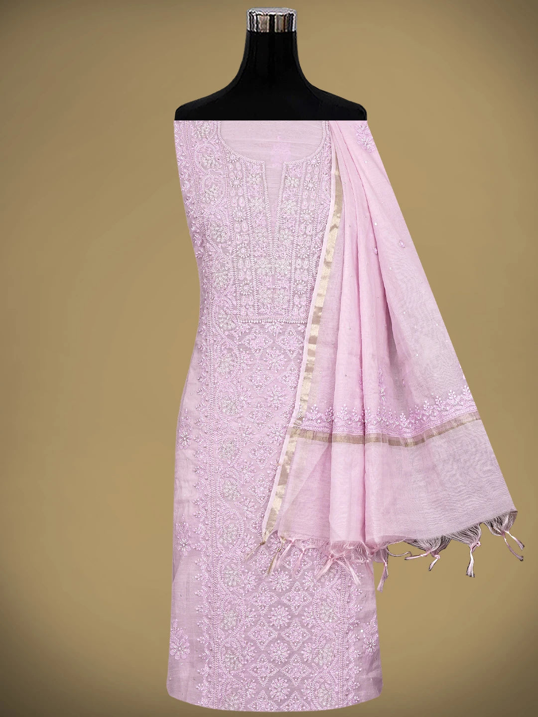 Ada Hand Embroidered Pink Chanderi Lucknowi Chikankari Unstitched Kurta Dupatta Set With Pearl Work 01A890056