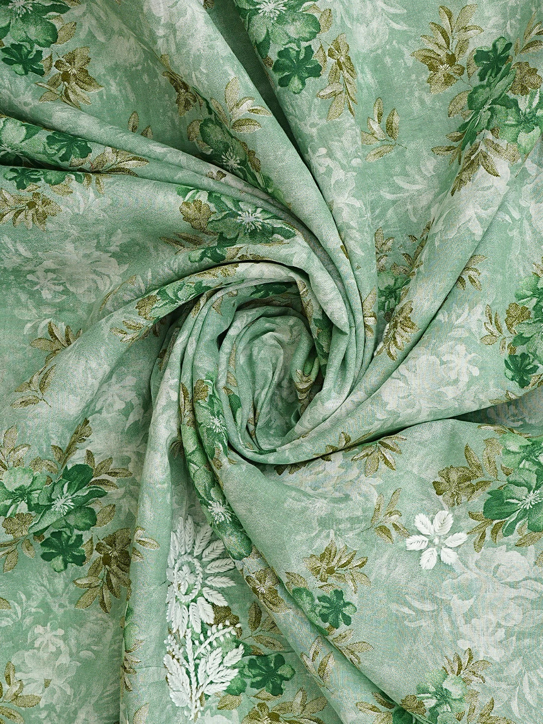 Ada Hand Embroidered Floral Printed Sea Green Cotton Lucknowi Chikankari Unstitched Kurta Dupatta Set 01A898201