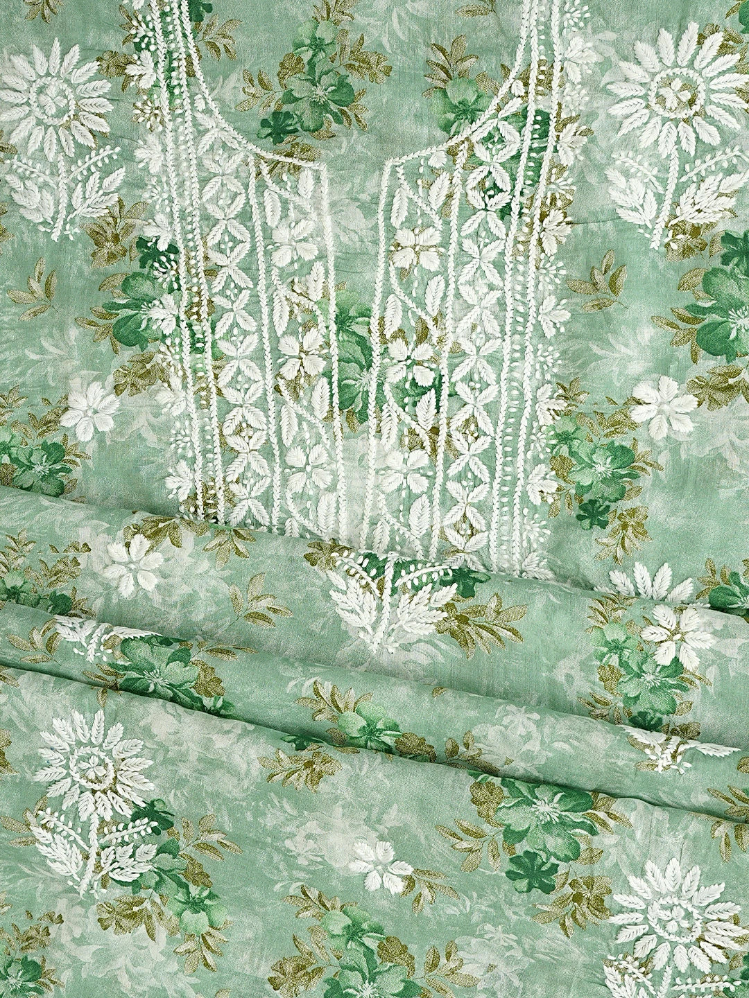 Ada Hand Embroidered Floral Printed Sea Green Cotton Lucknowi Chikankari Unstitched Kurta Dupatta Set 01A898201