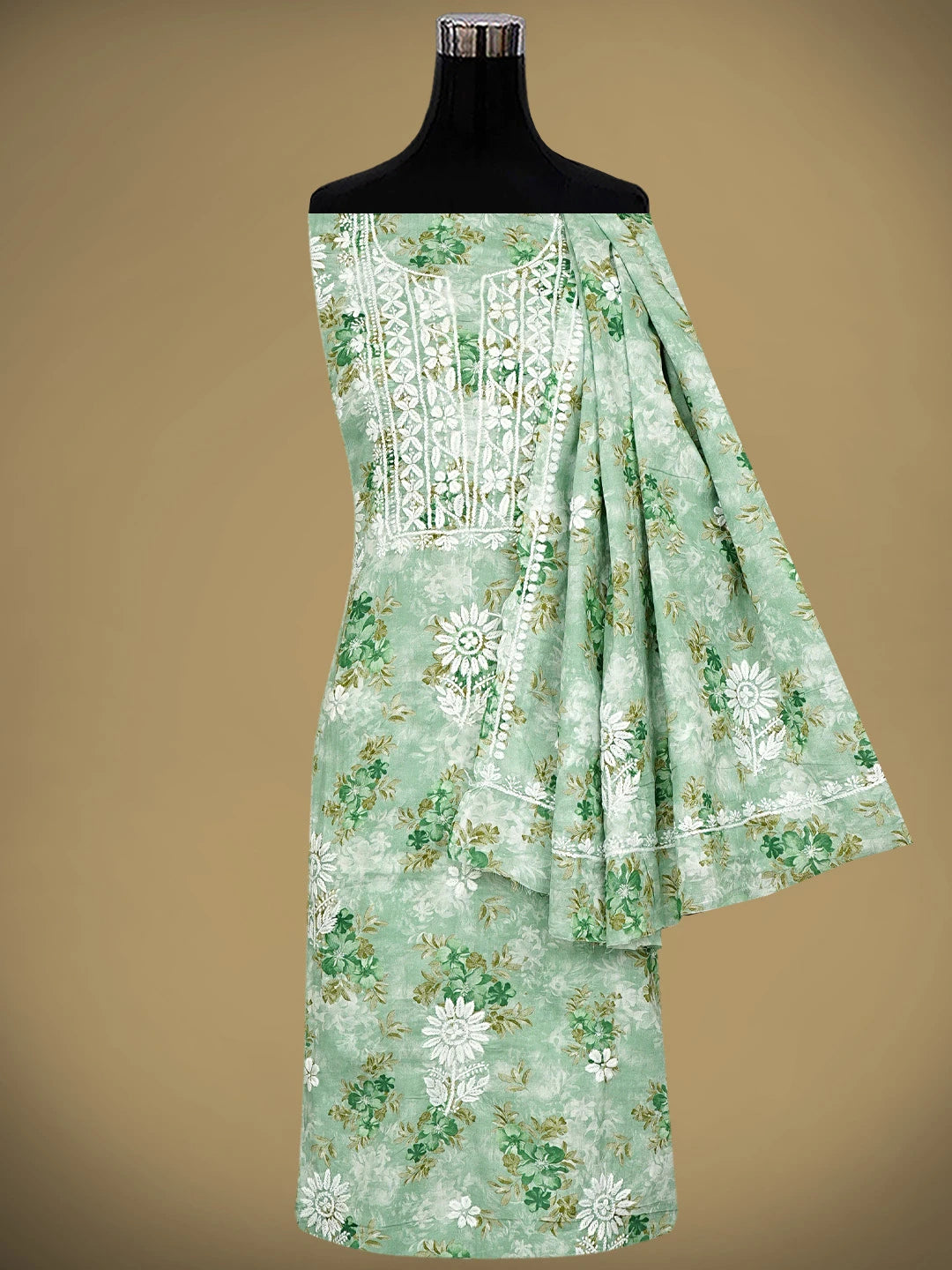 Ada Hand Embroidered Floral Printed Sea Green Cotton Lucknowi Chikankari Unstitched Kurta Dupatta Set 01A898201