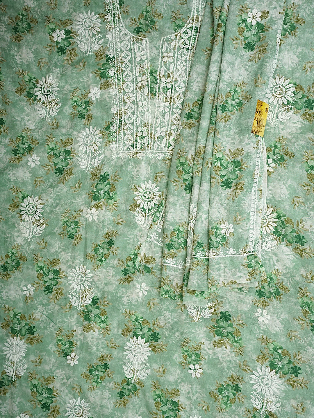 Ada Hand Embroidered Floral Printed Sea Green Cotton Lucknowi Chikankari Unstitched Kurta Dupatta Set 01A898201