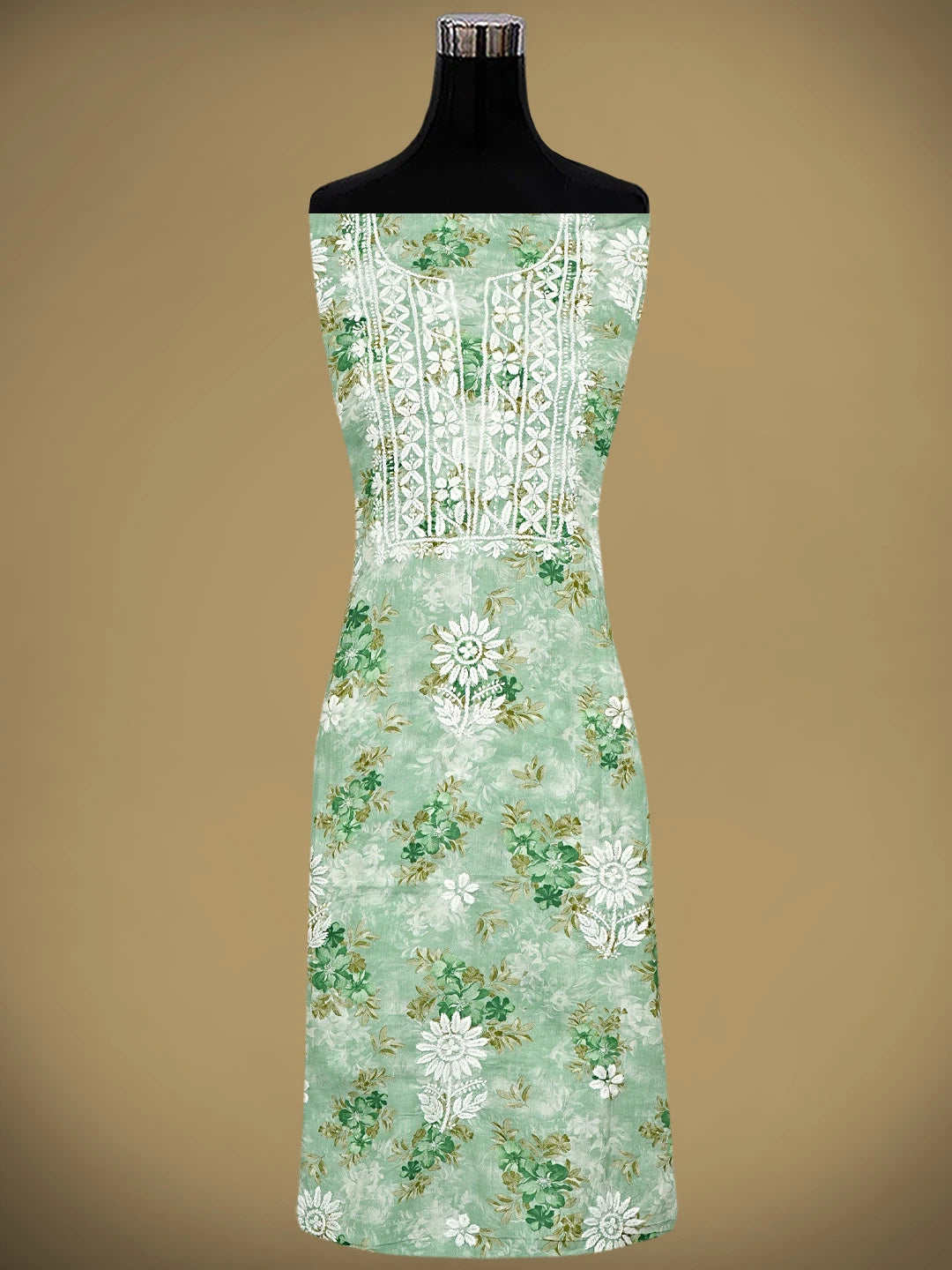 Ada Hand Embroidered Floral Printed Sea Green Cotton Lucknowi Chikankari Unstitched Kurta Dupatta Set 01A898201
