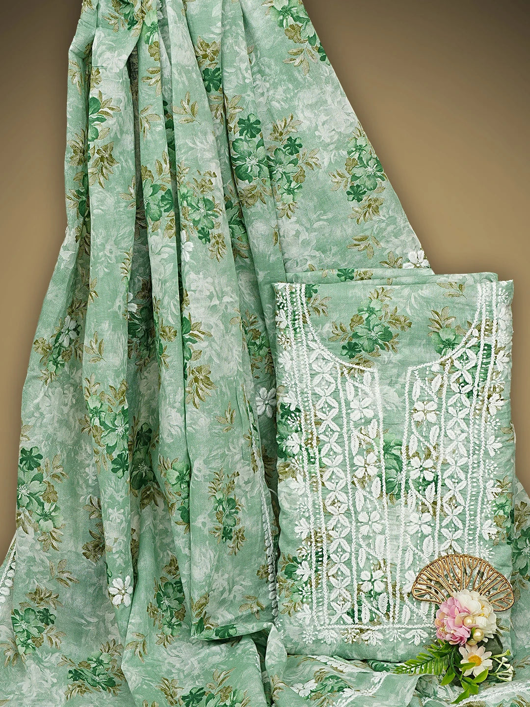 Ada Hand Embroidered Floral Printed Sea Green Cotton Lucknowi Chikankari Unstitched Kurta Dupatta Set 01A898201
