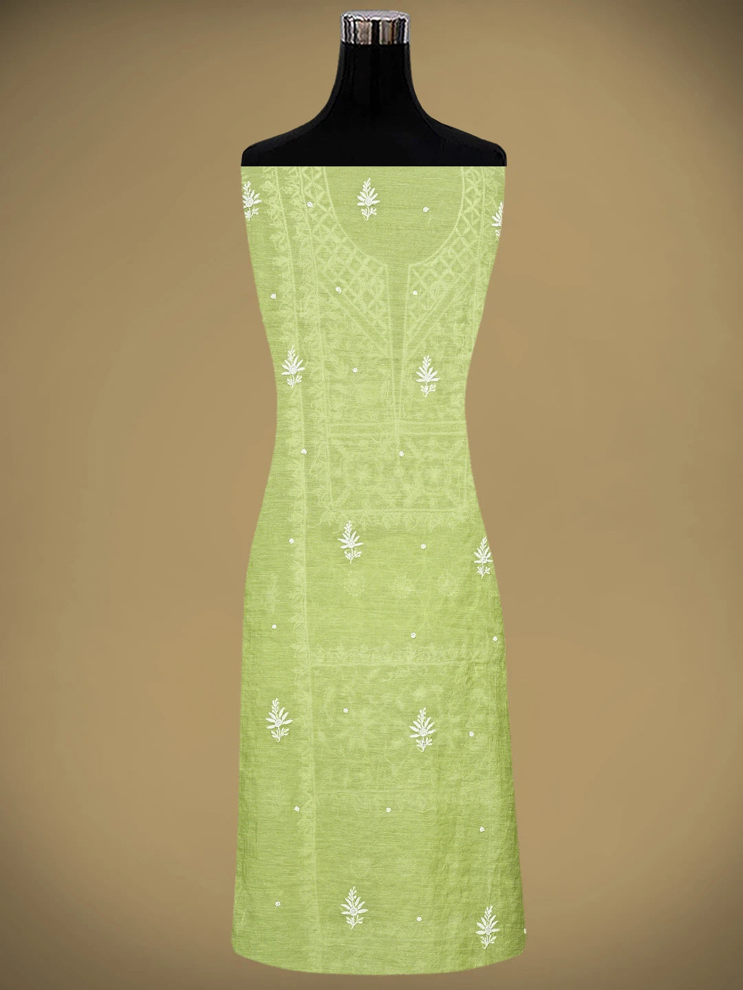 Ada Hand Embroidered Green Chanderi  Lucknowi Chikankari Unstitched Kurta Dupatta Set With Cutdana Work 01A700413