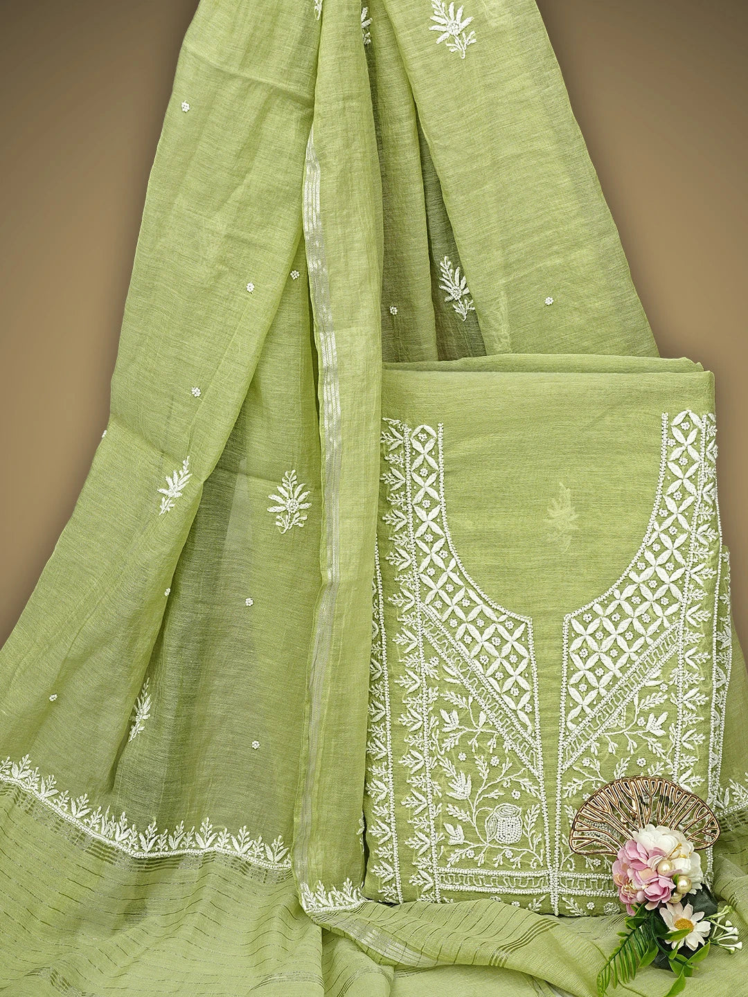 Ada Hand Embroidered Green Chanderi  Lucknowi Chikankari Unstitched Kurta Dupatta Set With Cutdana Work 01A700413