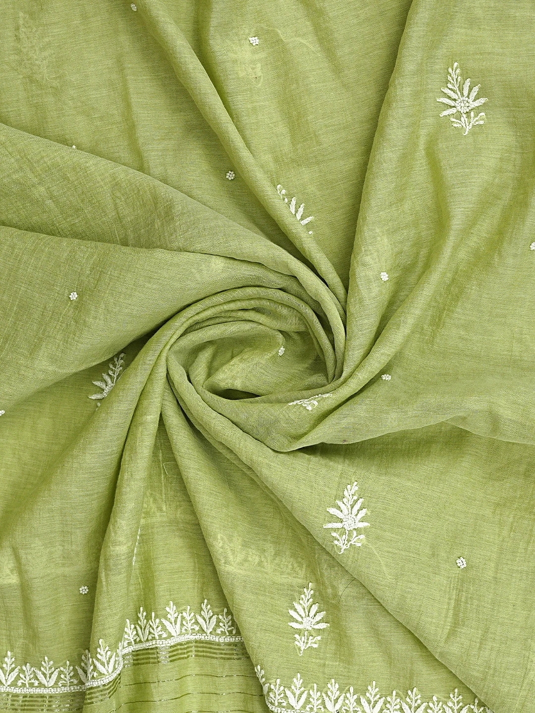 Ada Hand Embroidered Green Chanderi  Lucknowi Chikankari Unstitched Kurta Dupatta Set With Cutdana Work 01A700413