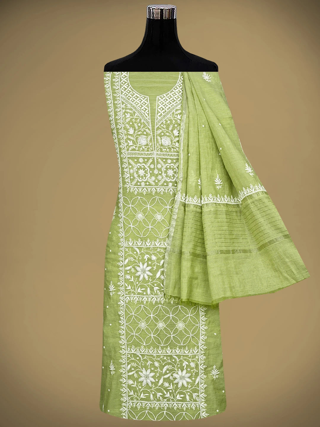 Ada Hand Embroidered Green Chanderi  Lucknowi Chikankari Unstitched Kurta Dupatta Set With Cutdana Work 01A700413