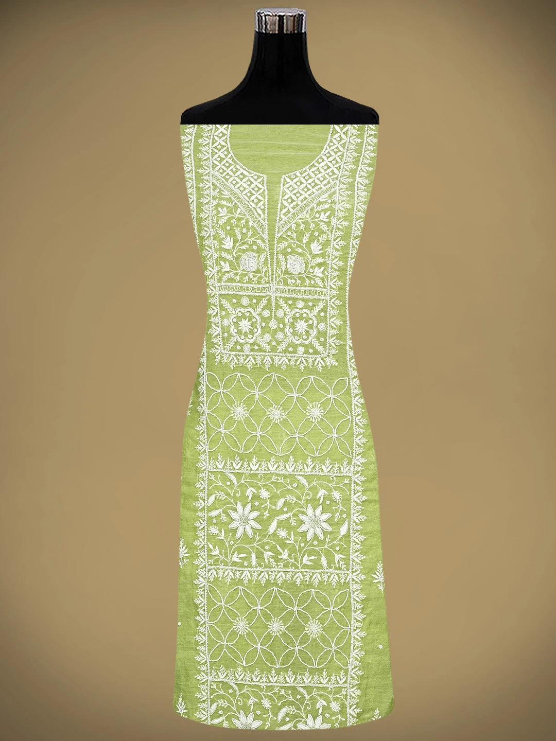 Ada Hand Embroidered Green Chanderi  Lucknowi Chikankari Unstitched Kurta Dupatta Set With Cutdana Work 01A700413
