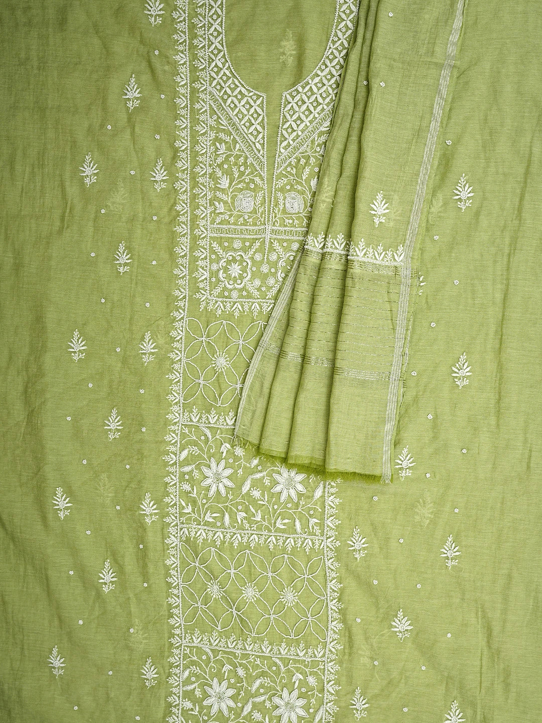 Ada Hand Embroidered Green Chanderi  Lucknowi Chikankari Unstitched Kurta Dupatta Set With Cutdana Work 01A700413