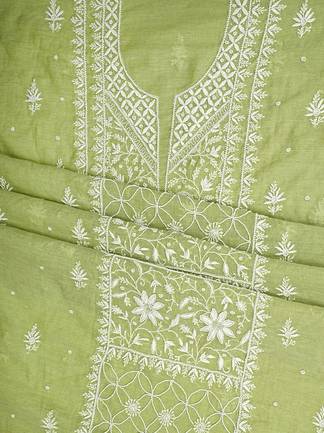 Ada Hand Embroidered Green Chanderi  Lucknowi Chikankari Unstitched Kurta Dupatta Set With Cutdana Work 01A700413