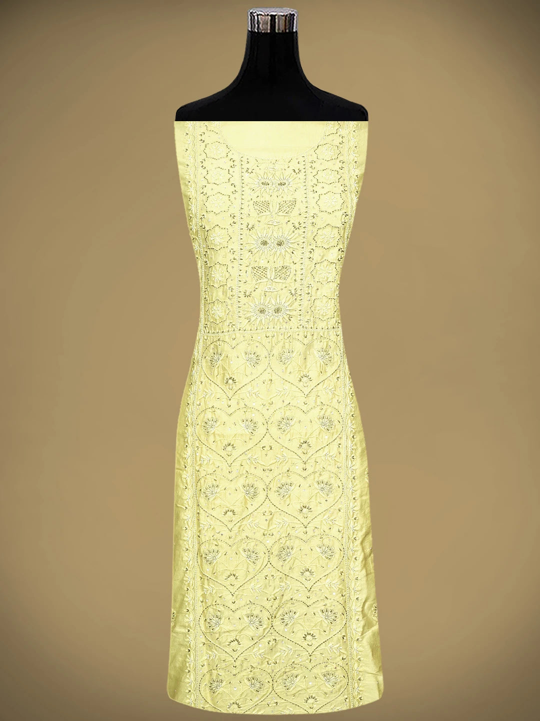 Ada Hand Embroidered Lemon Chanderi Lucknowi Chikankari Unstitched Kurta Dupatta Set With Cutdana Work 01A741662