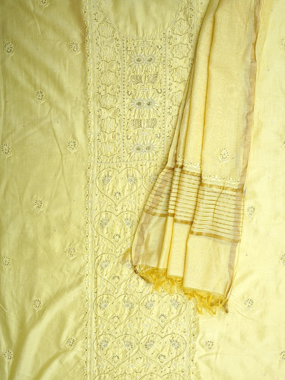 Ada Hand Embroidered Lemon Chanderi Lucknowi Chikankari Unstitched Kurta Dupatta Set With Cutdana Work 01A741662
