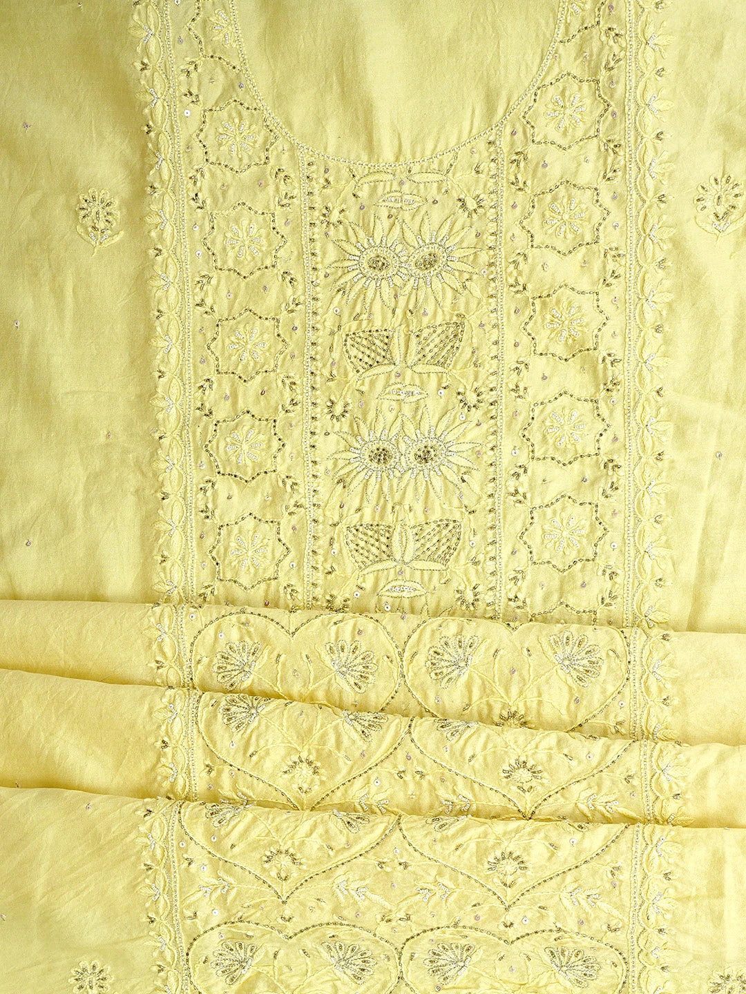 Ada Hand Embroidered Lemon Chanderi Lucknowi Chikankari Unstitched Kurta Dupatta Set With Cutdana Work 01A741662