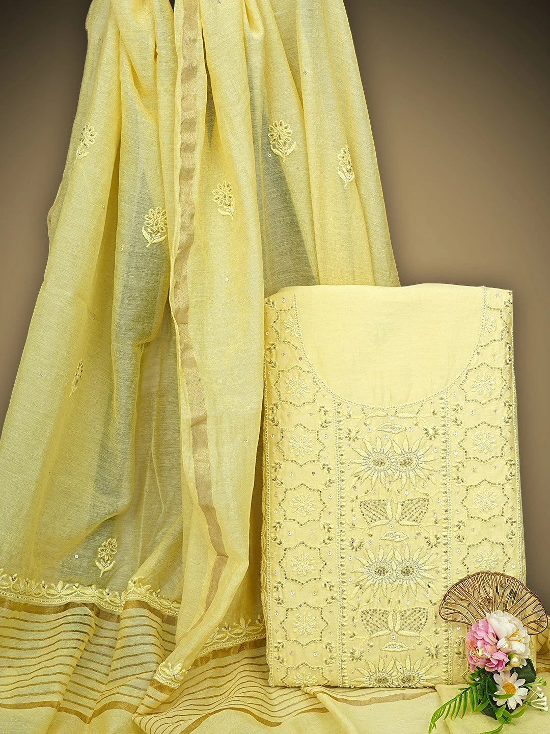 Ada Hand Embroidered Lemon Chanderi Lucknowi Chikankari Unstitched Kurta Dupatta Set With Cutdana Work 01A741662