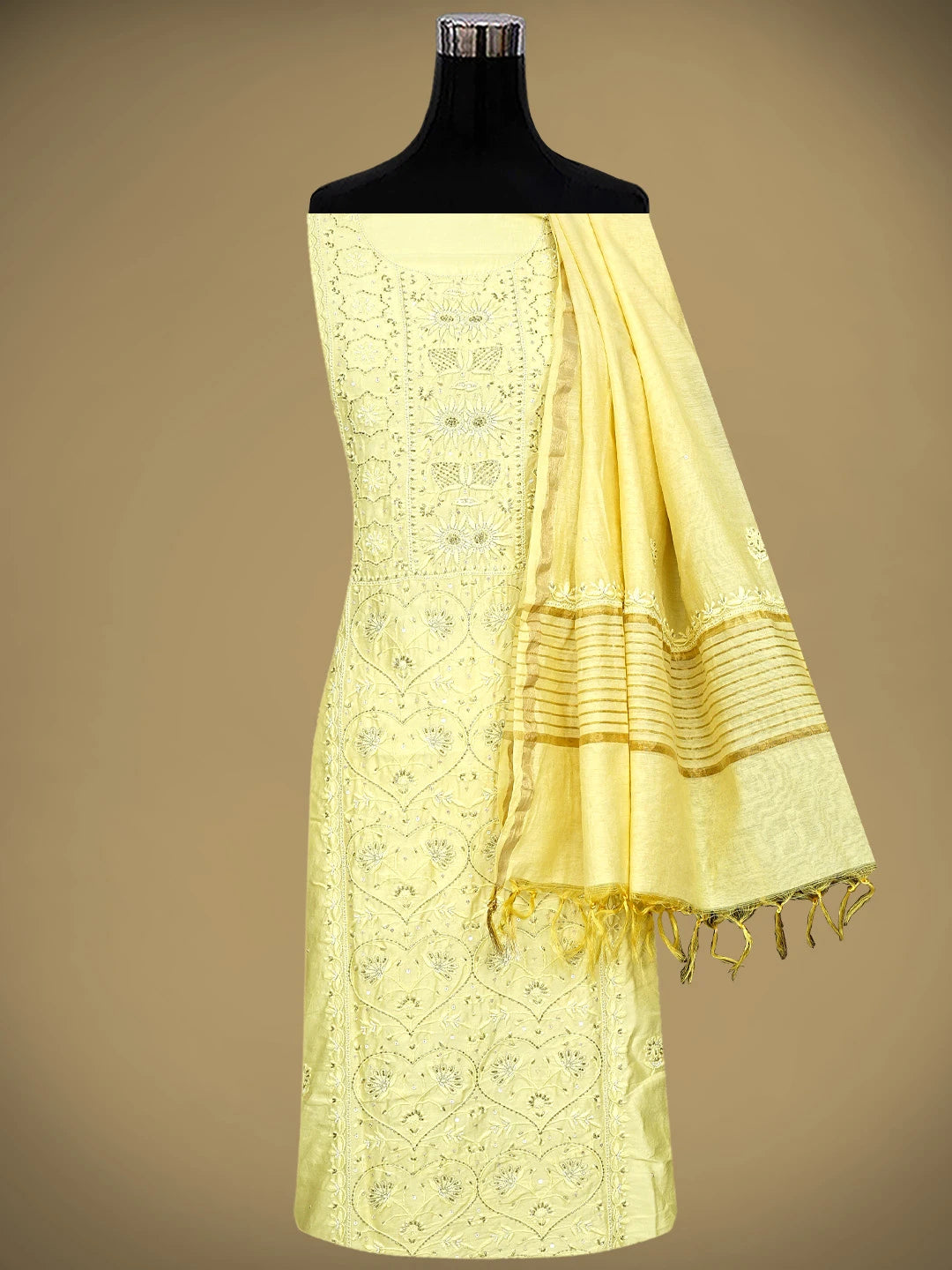 Ada Hand Embroidered Lemon Chanderi Lucknowi Chikankari Unstitched Kurta Dupatta Set With Cutdana Work 01A741662