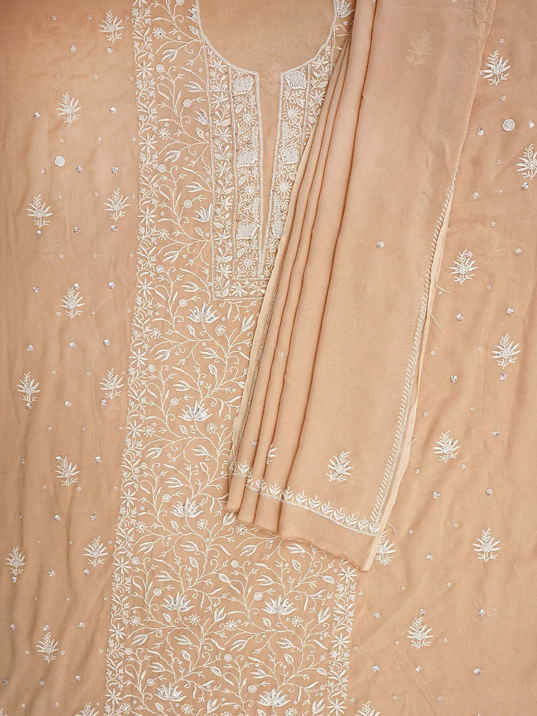 Ada Hand Embroidered Dusty Peach Viscose Georgette Lucknowi Chikankari Unstitched Kurta Dupatta Set With Sequinned Work 01A919287